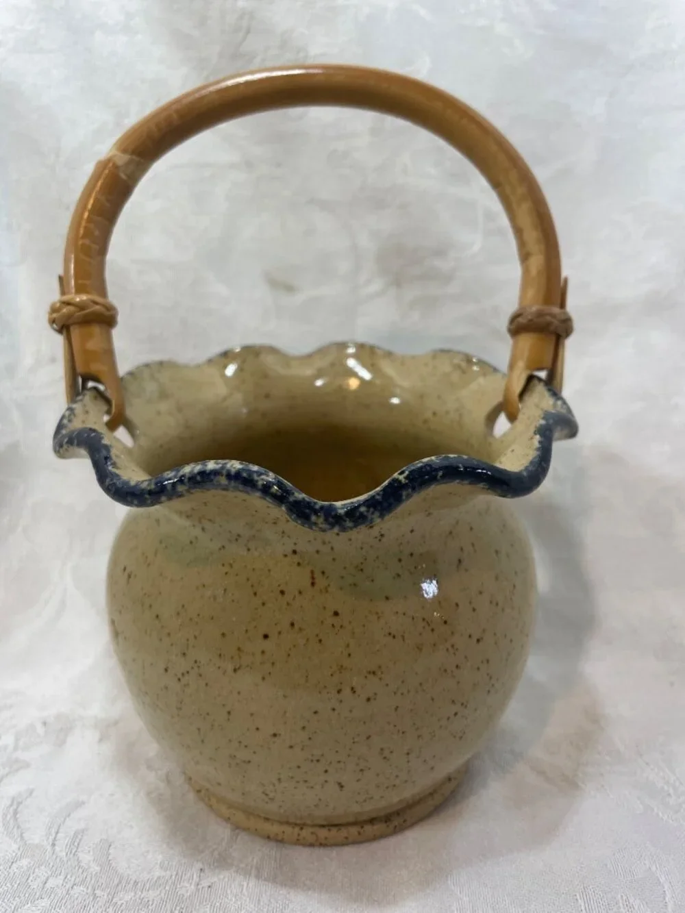 Three Rivers Pottery Basket Wooden Handle Handpainted Blue Apples 1993